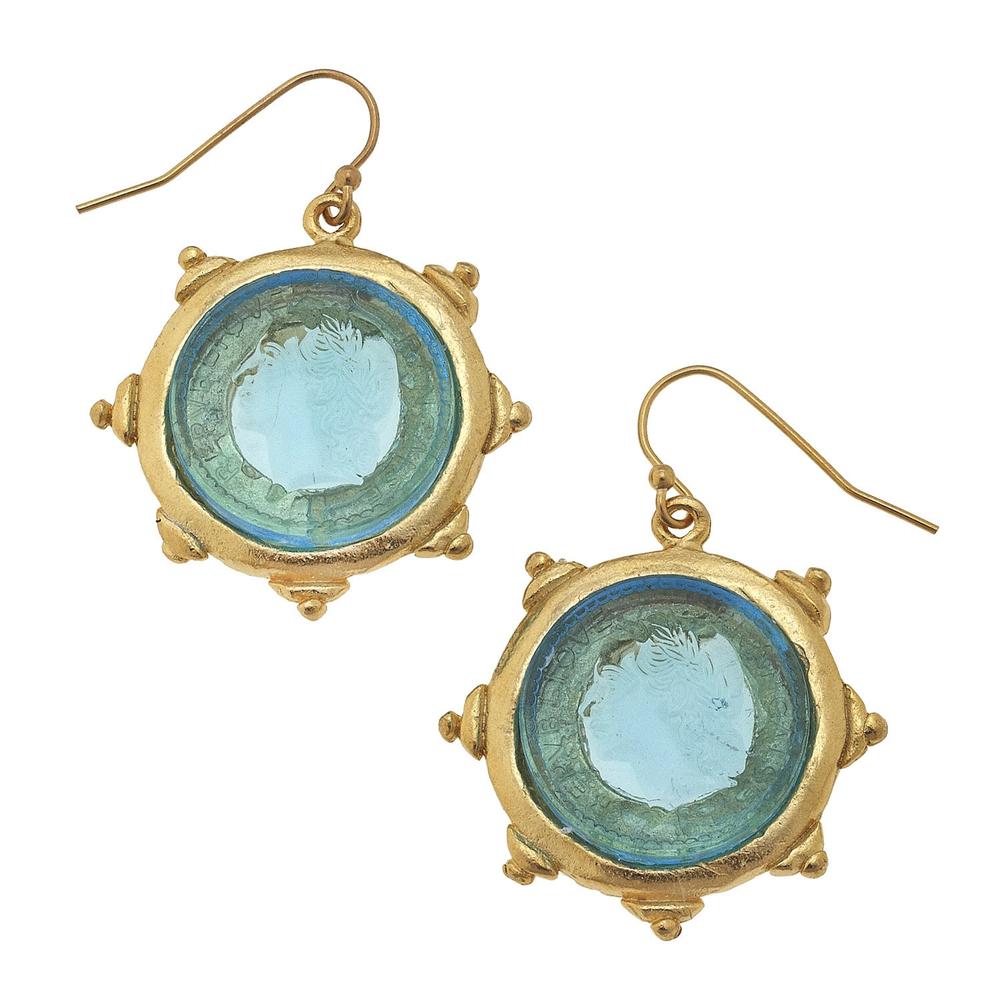 Aqua Venetian glass coin earrings with gold frames.