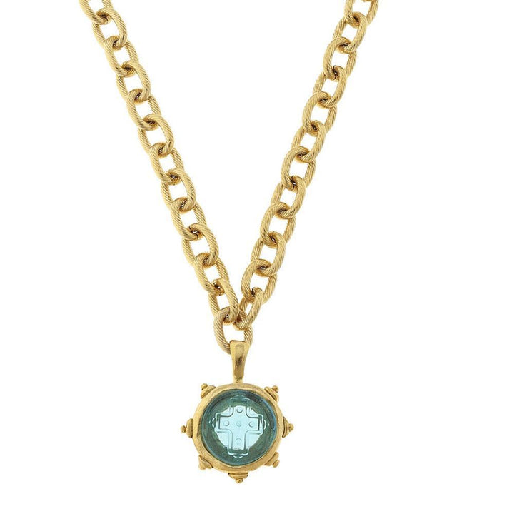 Aqua Venetian Glass Cross Pendant necklace with gold chain
