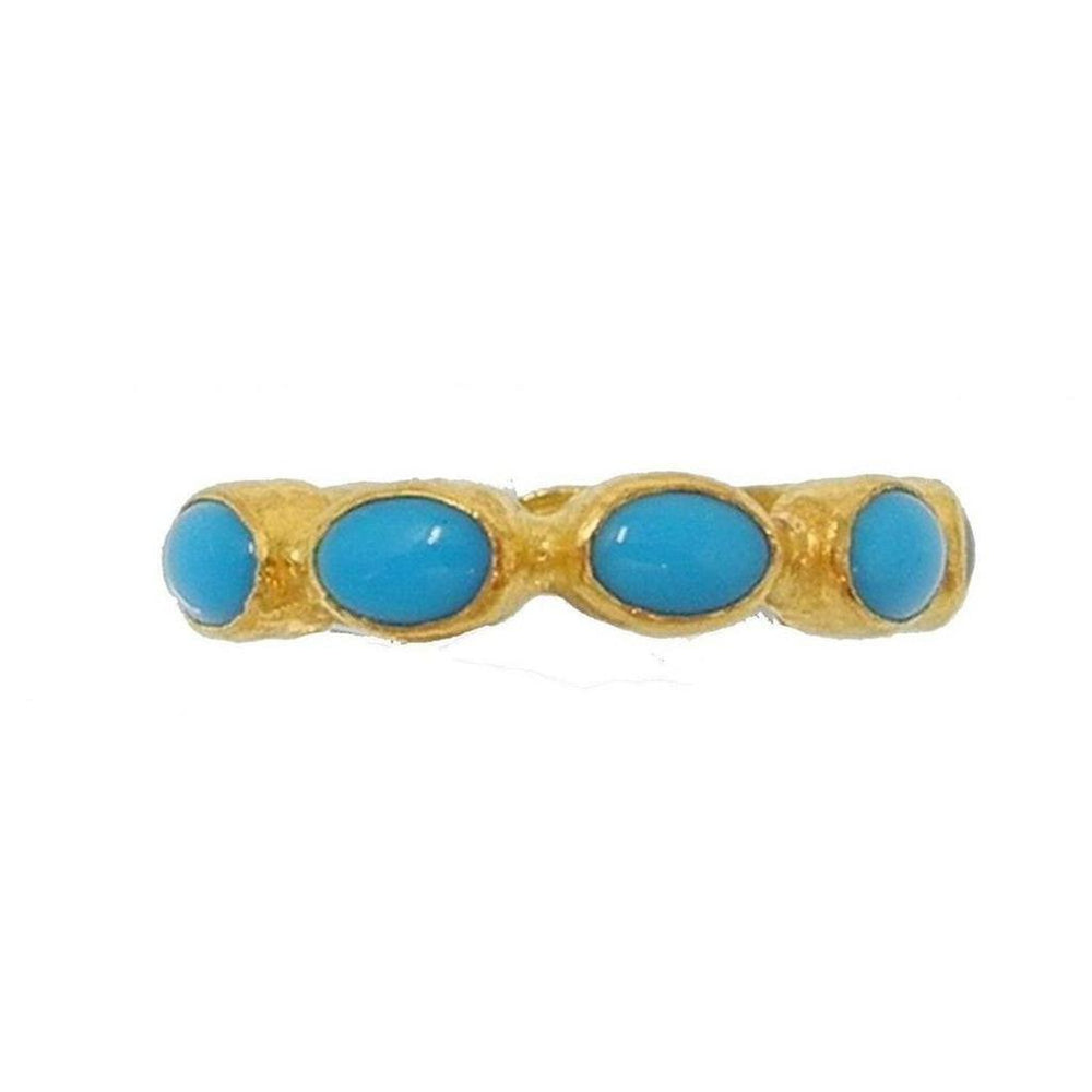 Gold band ring featuring four cabochon turquoise gemstones.