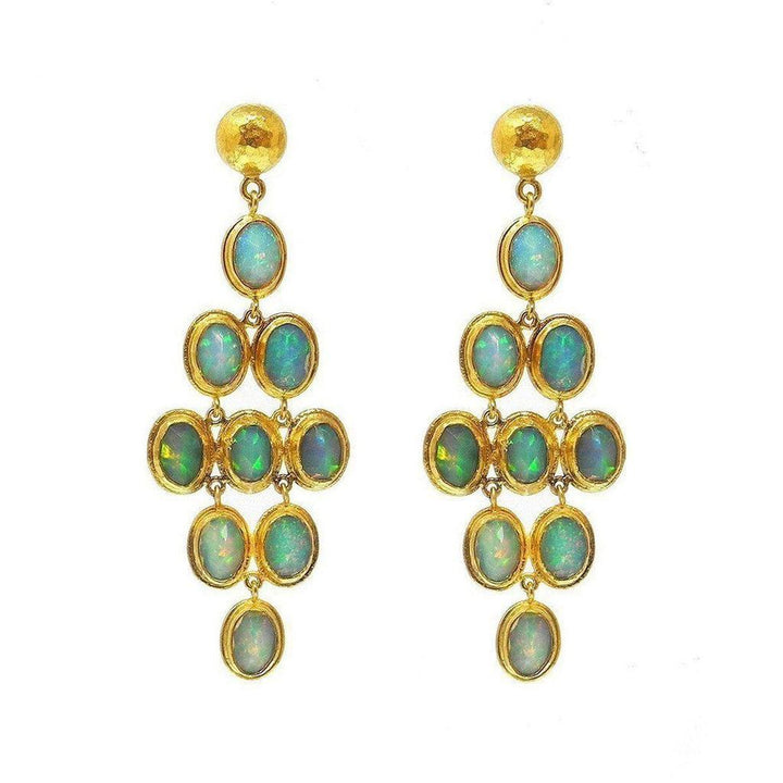 Ara 24k Gold Opal Statement Earrings:  Elegant chandelier design featuring multiple opal stones in 24k gold settings.