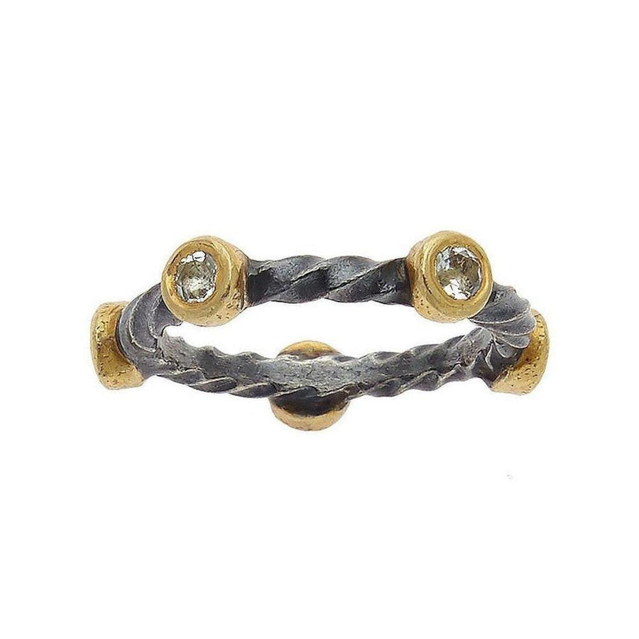 Ara 24k Twisted Diamond Band: Oxidized silver & 24k gold band with bezel-set diamonds.