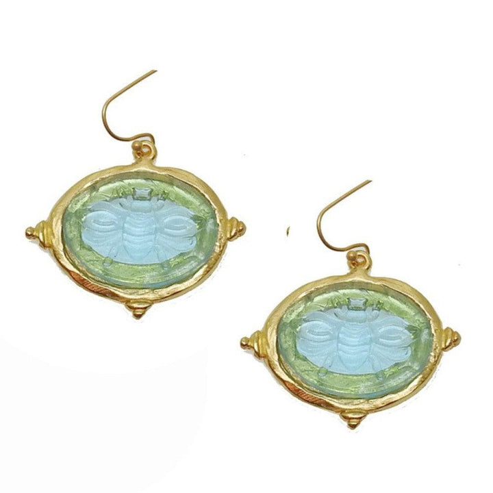 Intaglio bee dangle earrings with light blue and green glass, gold-tone setting.