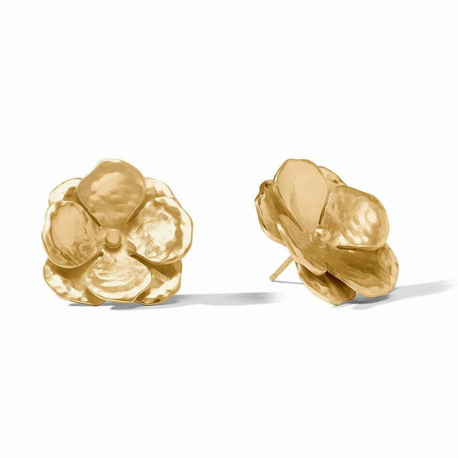 Gold Bloom Clip-on earrings; textured flower design.