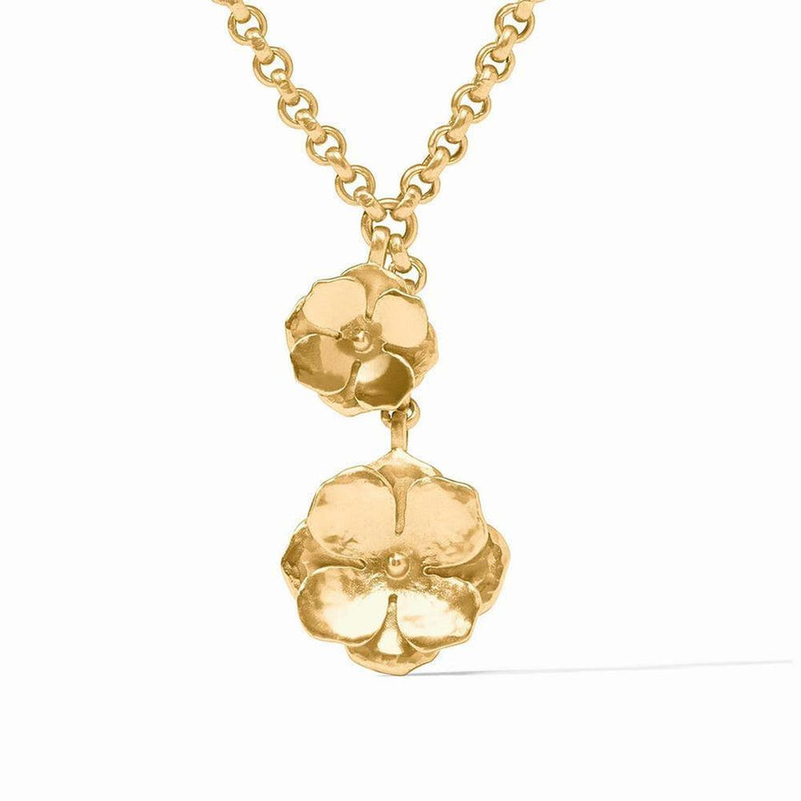 Gold Bloom lariat necklace with two textured flower charms.