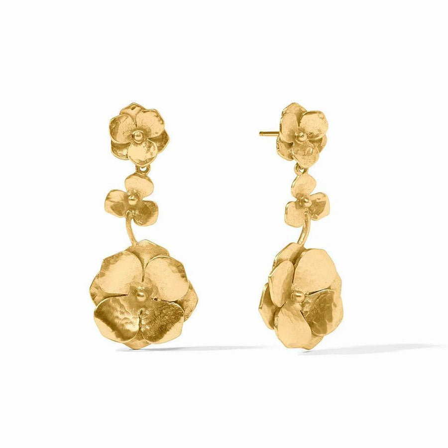 Gold Bloom Tier earrings:  Floral drop design, hammered texture.