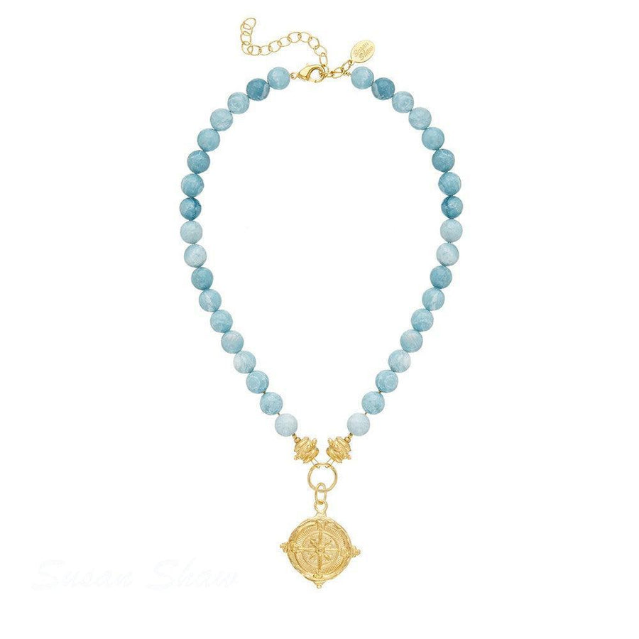 Blue Jasper & Gold Compass Pendant Necklace