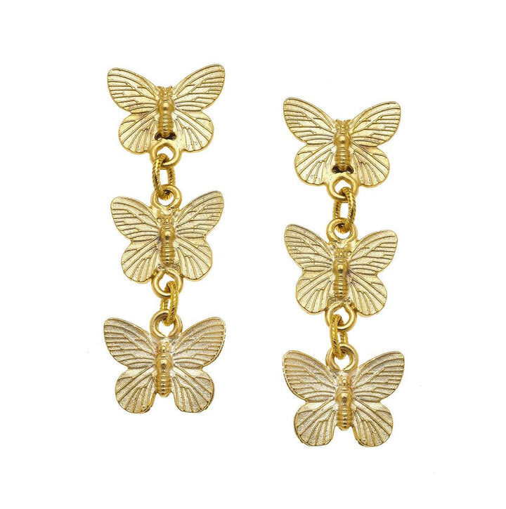 Gold butterfly dangle earrings; three detailed butterflies per earring, connected by delicate chains.