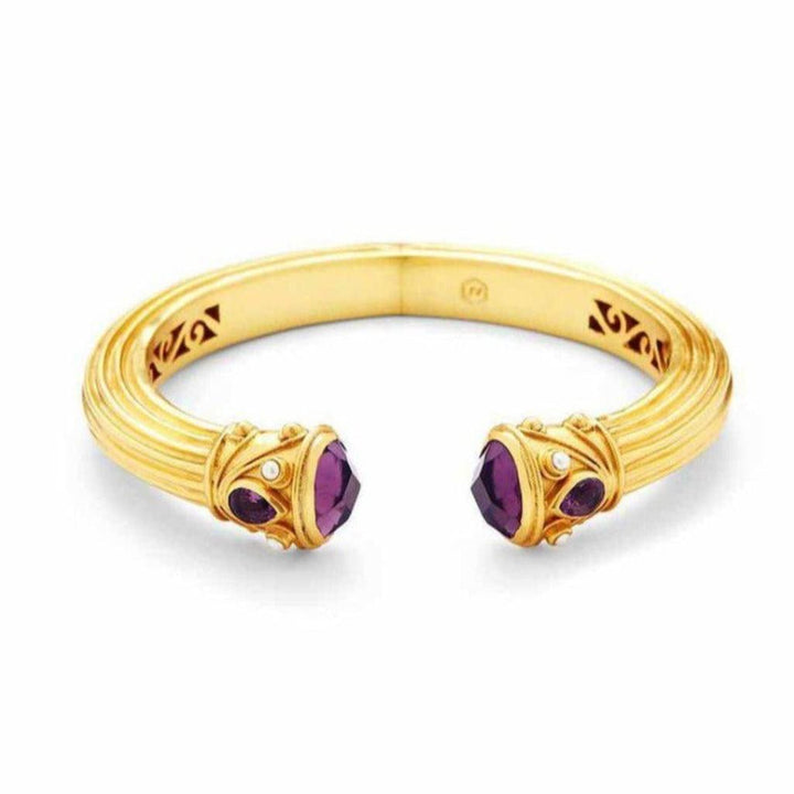 Gold Byzantine Demi Hinge Cuff bracelet with amethyst and pearl accents.
