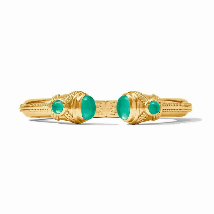 Gold Cabochon Demi Cuff bracelet with green gemstones.