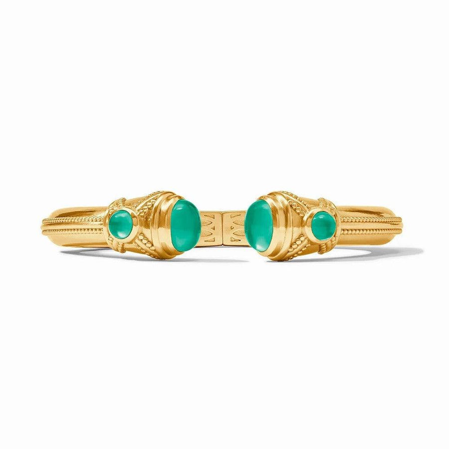 Gold Cabochon Demi Cuff bracelet with green gemstones.