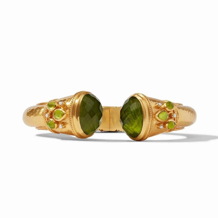 Gold hinge cuff bracelet featuring olive green gemstones and pearl accents.