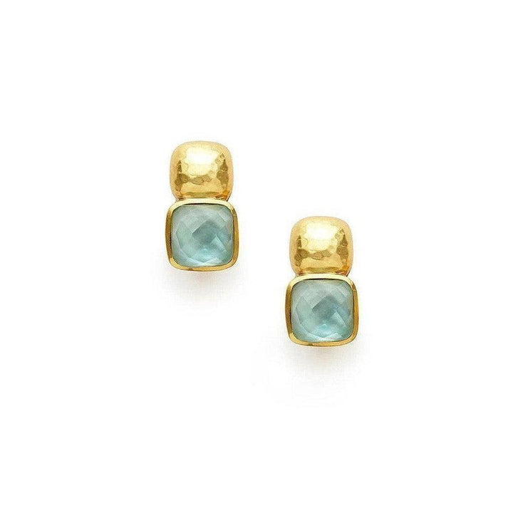 Aqua and gold tone clip-on earrings with textured metal accents.