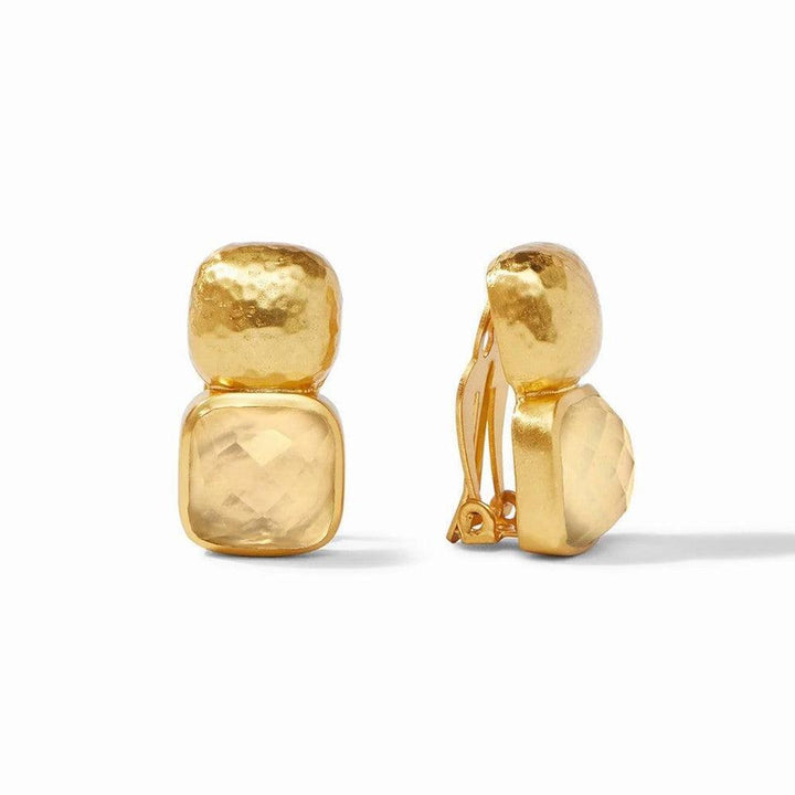 Gold clip-on earrings featuring a textured gold ball and a pale yellow square gemstone.