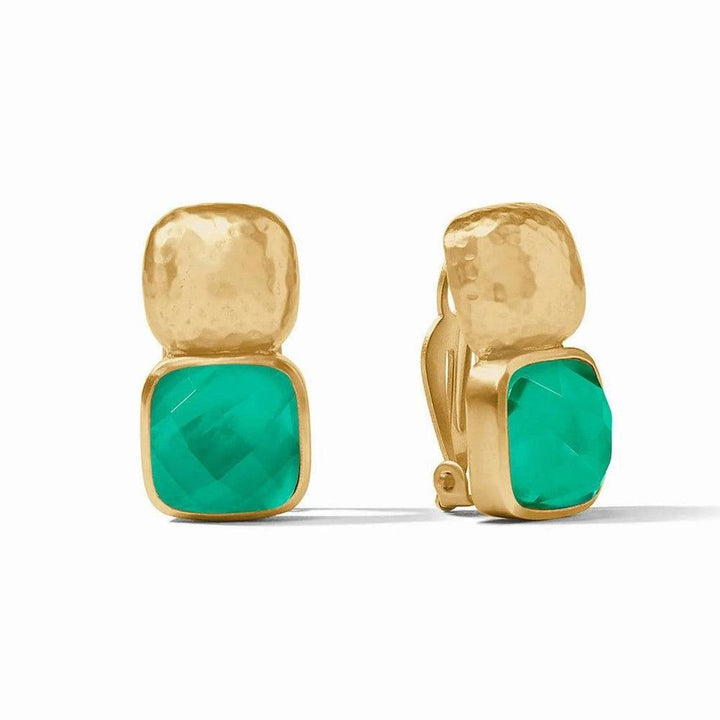 Gold and teal green gemstone clip-on earrings; textured metal setting.