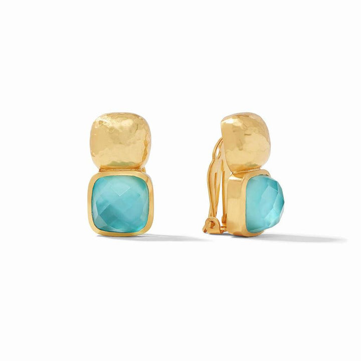 Gold clip-on earrings featuring teal gemstone accents.