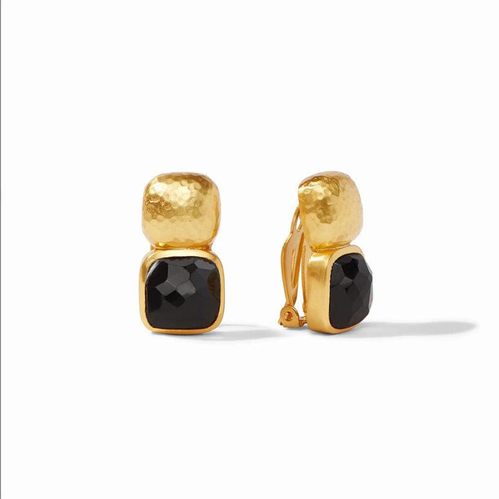 Gold clip-on earrings featuring black gemstones; textured metal accents.