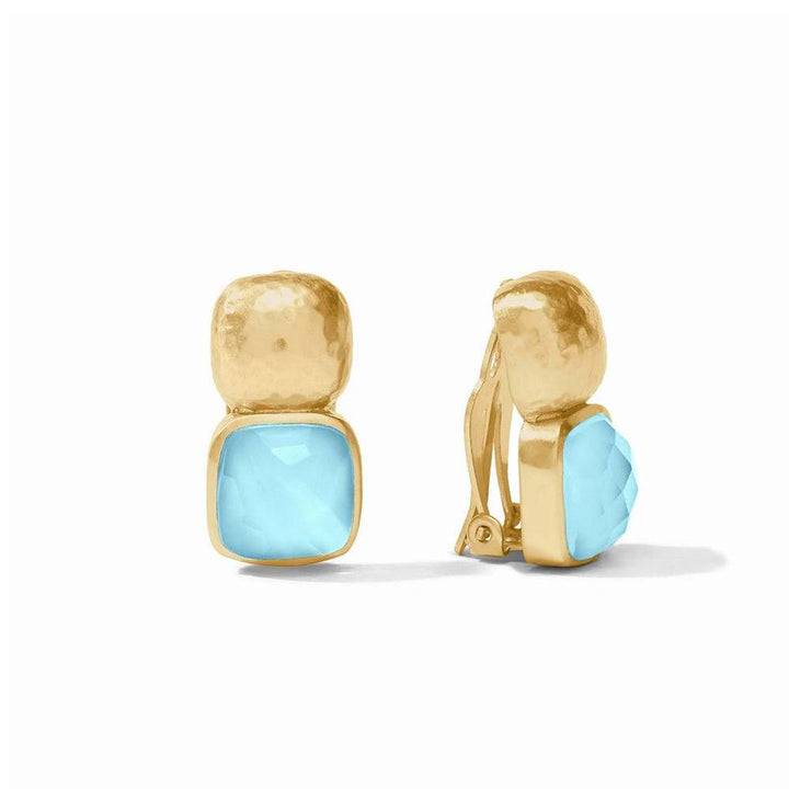 Gold clip-on earrings featuring light blue square stones.