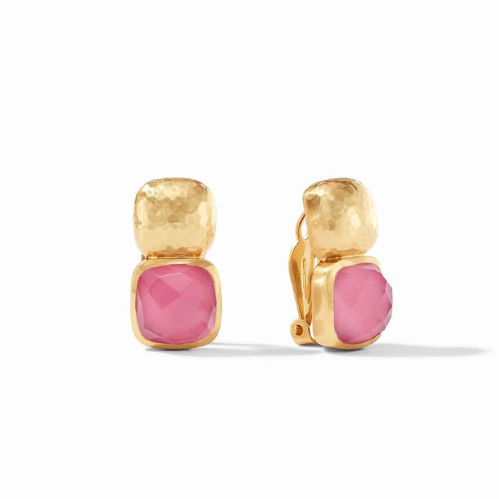 Pink gemstone and gold clip-on earrings; square-shaped stones.