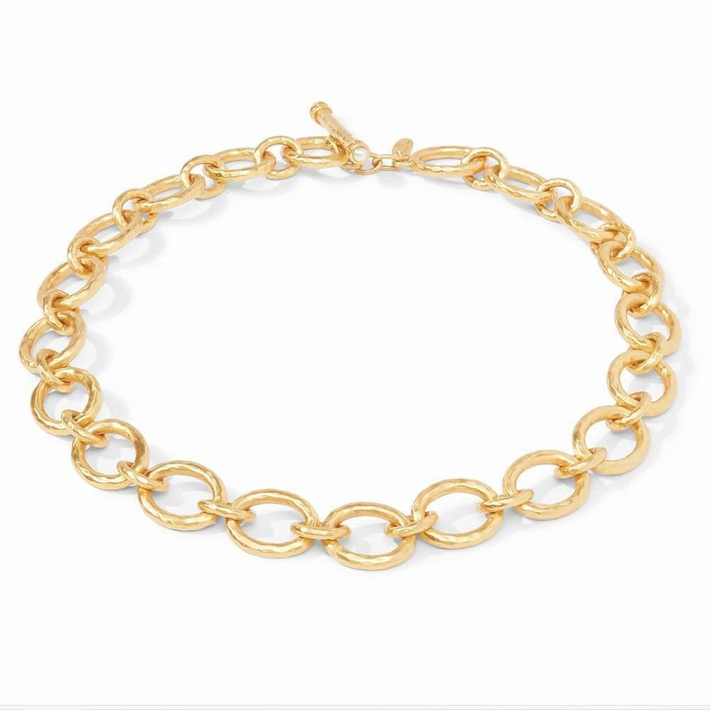 Gold hammered link necklace with toggle clasp.
