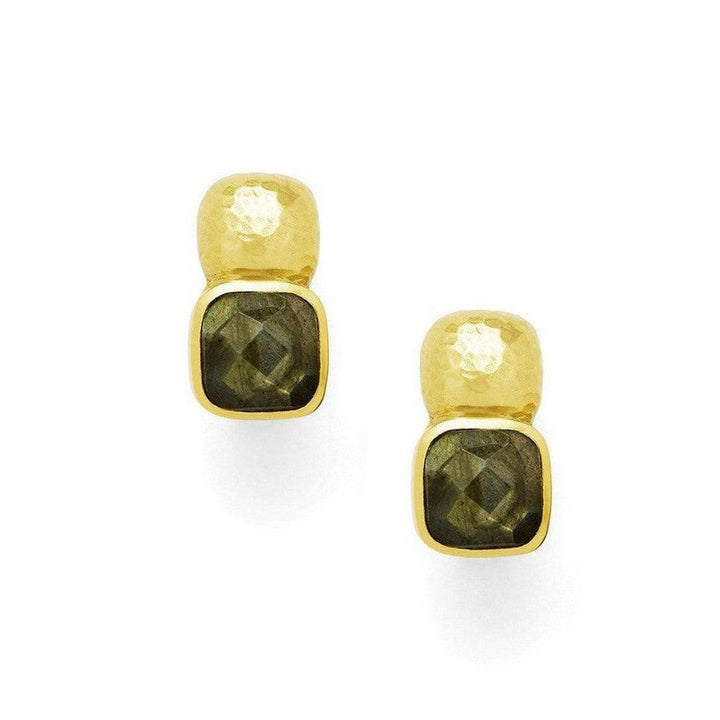 Gold and dark green gemstone stud earrings; hammered gold setting.