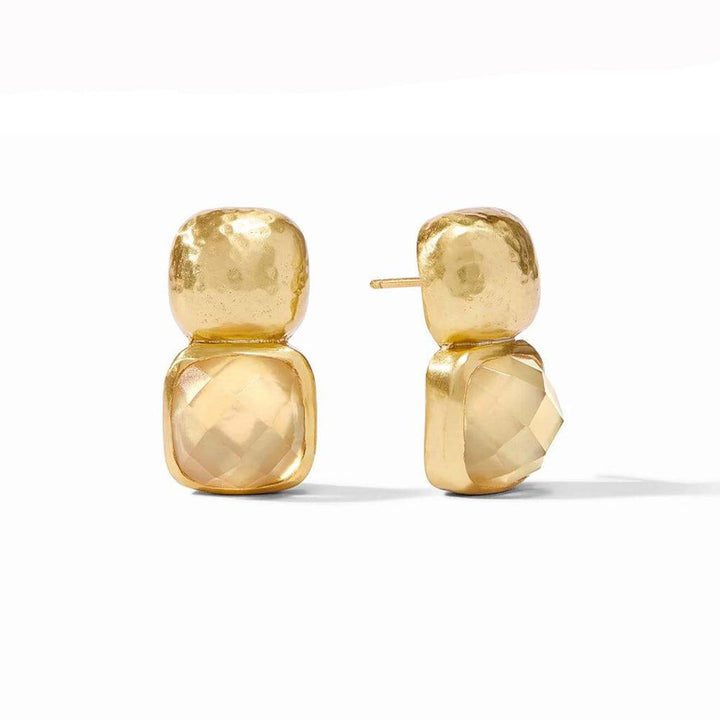 Gold tone earrings featuring pale yellow gemstones; hammered metal accents.
