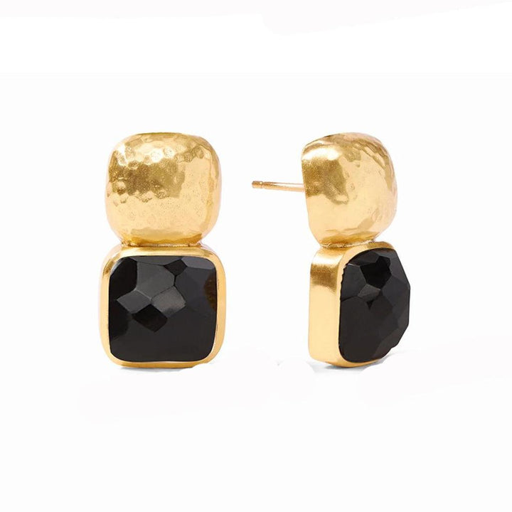 Black onyx and gold statement earrings; textured metal, faceted stone.