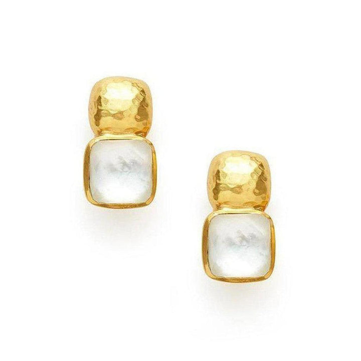 Gold and mother-of-pearl square earrings; textured metal, elegant design.