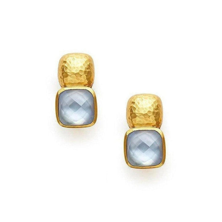 Gold and pale blue gemstone earrings; hammered gold setting.