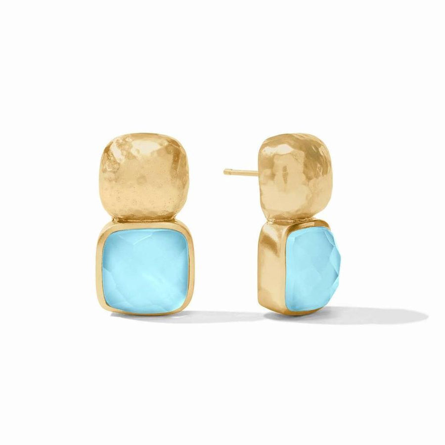 Catalina Earrings: Gold hammered metal & light blue chalcedony stone statement earrings.