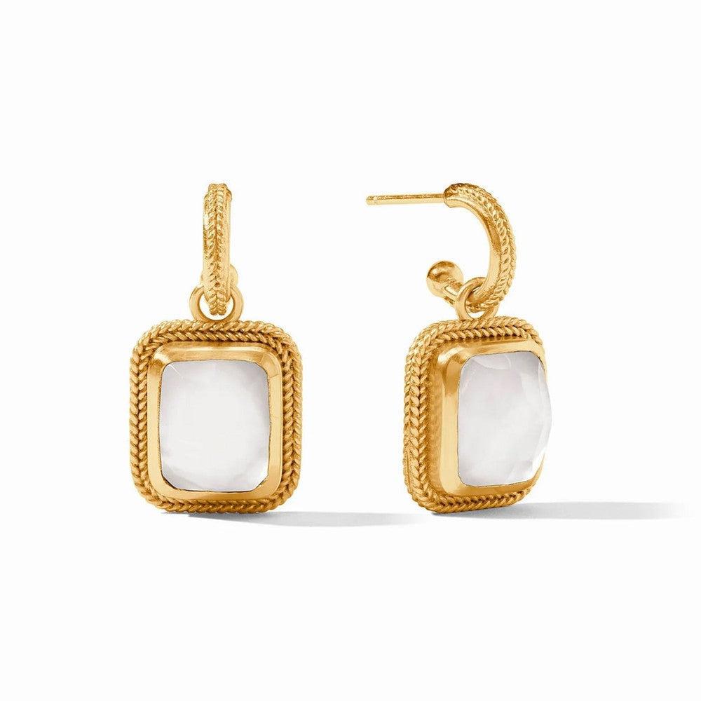Gold hoop earrings with square white stone accents.