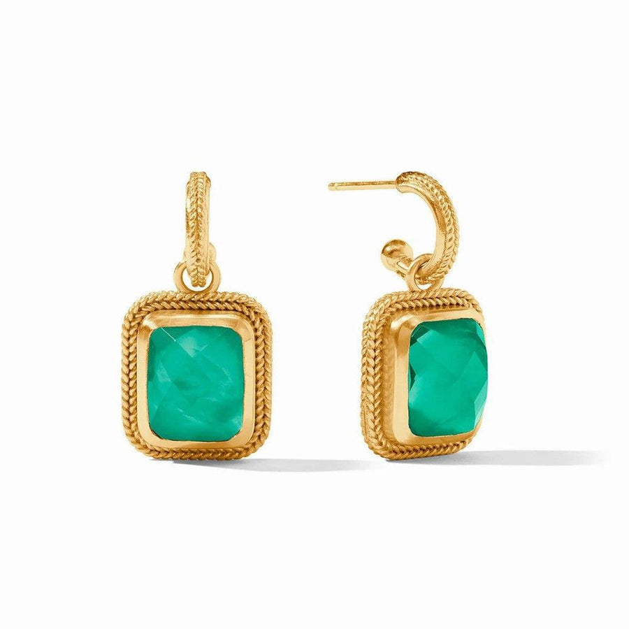 Cheval Hoop & Charm Earrings: Gold-plated hoops with emerald green gemstone accents.