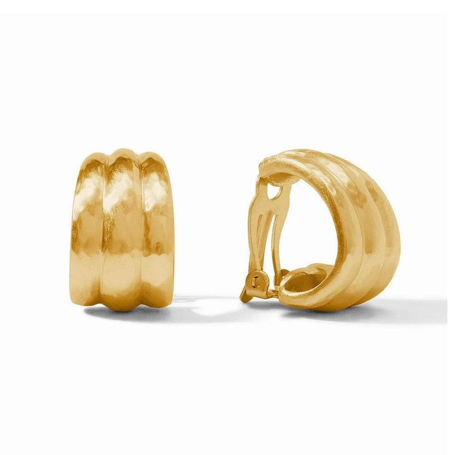 Gold Cirque clip-on earrings with textured, curved design.