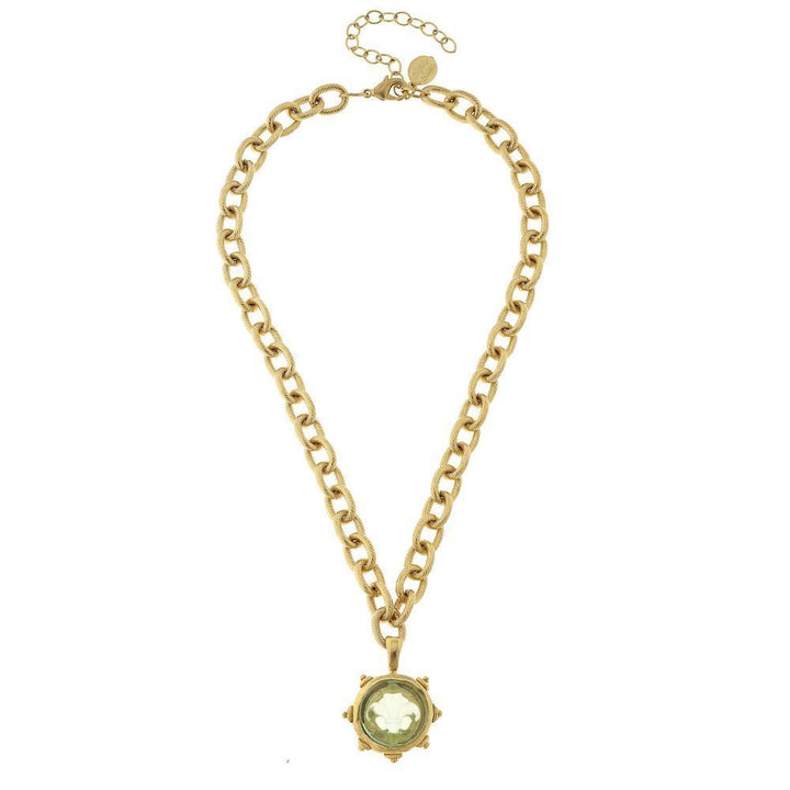 Gold chain necklace featuring a Venetian glass fleur-de-lis pendant.