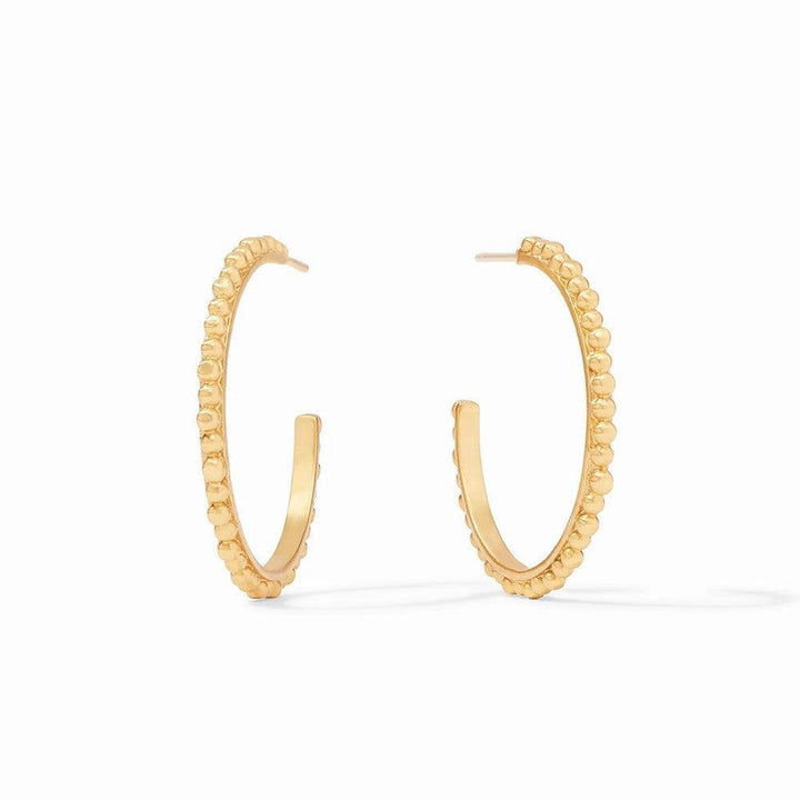 Gold beaded hoop earrings, shown on a white background.