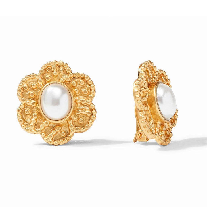 Gold floral clip-on earrings with pearl centers.