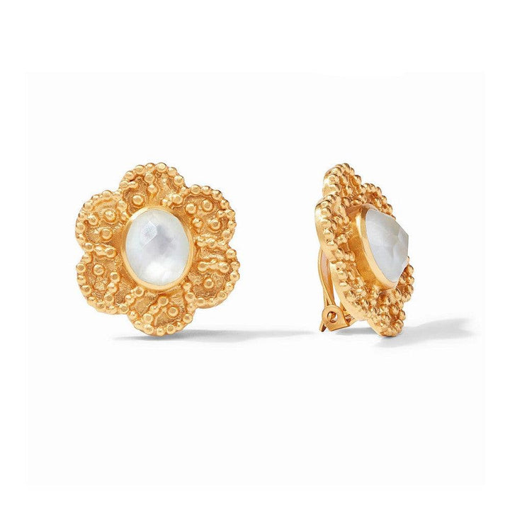 Colette Clip Earrings: Gold flower-shaped clip earrings with mother-of-pearl center.