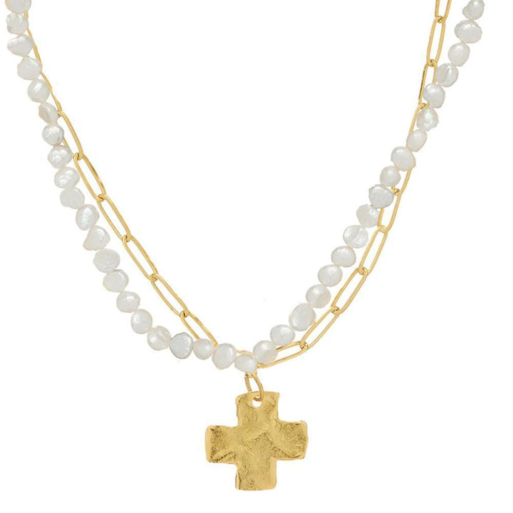 Dainty double strand pearl & gold cross necklace