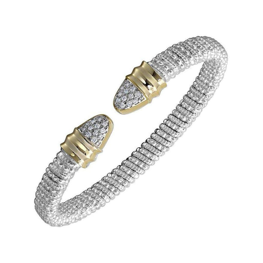 Diamond Tip Open Bracelet:  Silver and gold textured bracelet with diamond accents.