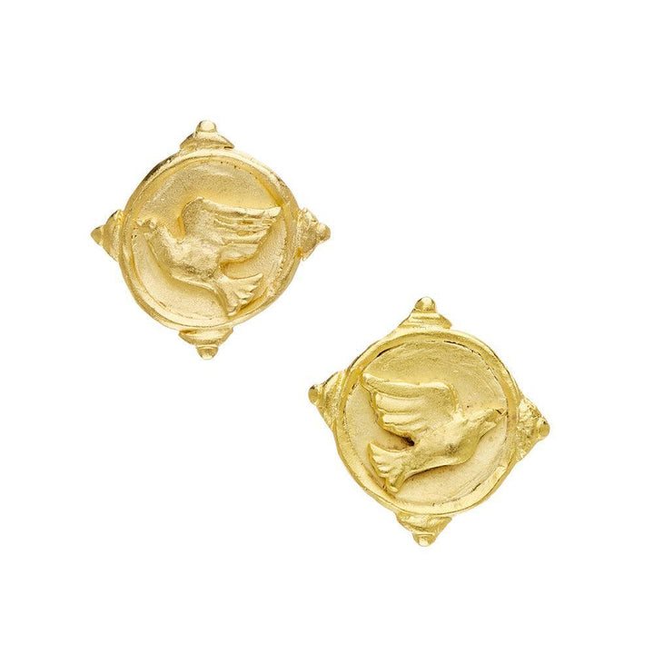 Dove Intaglio gold dove stud earrings, featuring embossed detailing.