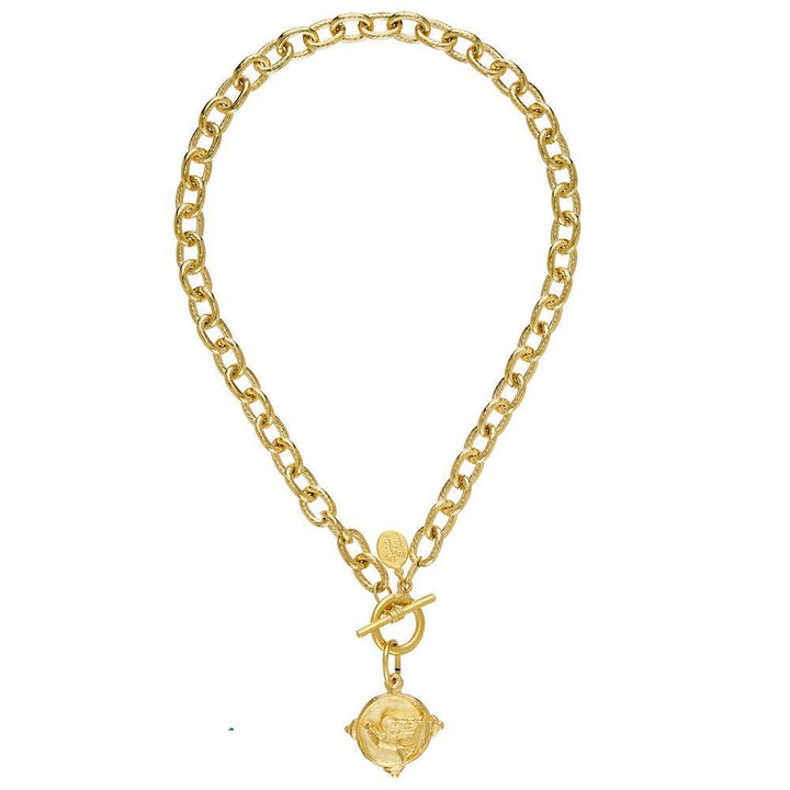 Gold toggle necklace with textured chain and ornate pendant.