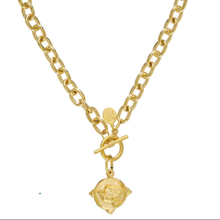 Dove Intaglio gold toggle necklace with textured chain and embossed medallion.