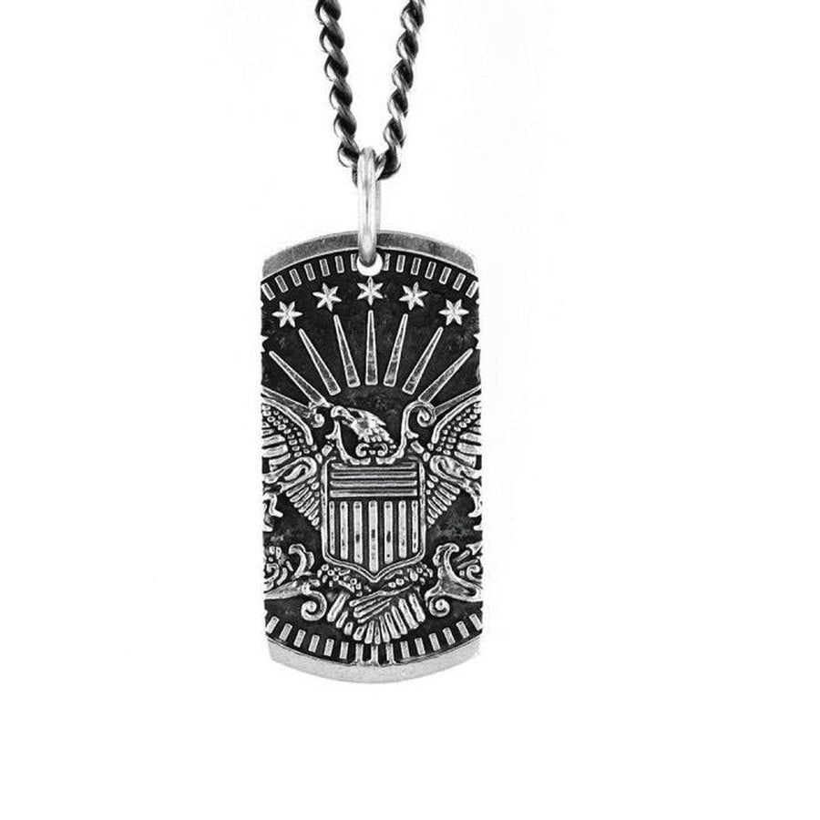 Silver Eagle dog tag pendant necklace featuring an American eagle design.