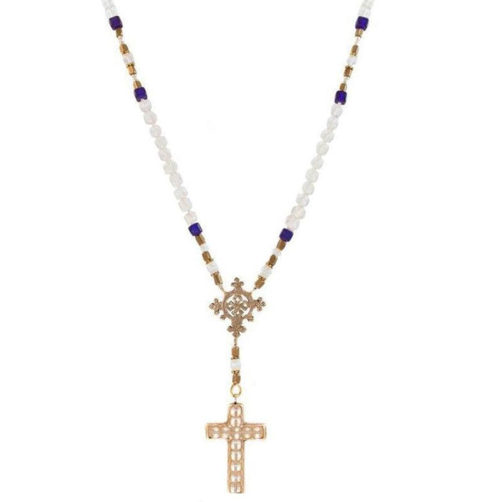 Beaded rosary necklace with gold crosses and white and blue accents.