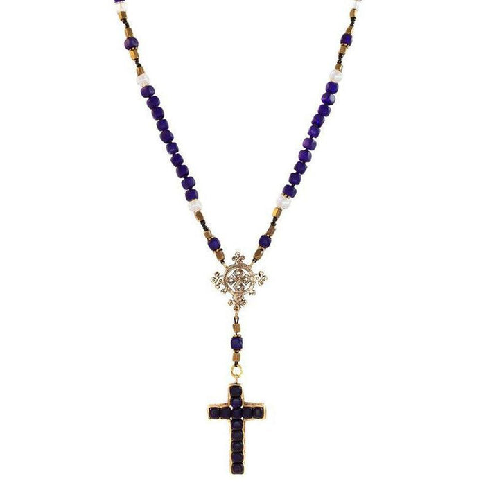 East Meets West Rosary: Beaded necklace with purple and white accents, gold cross pendant.