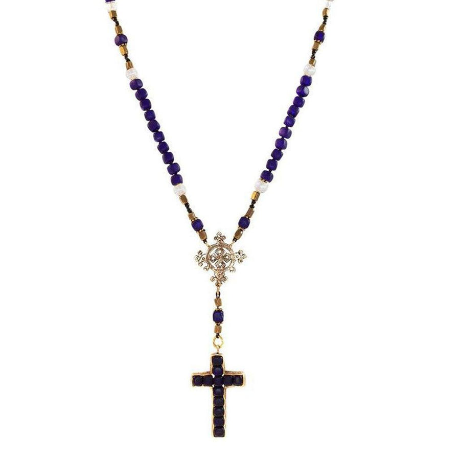 East Meets West Rosary: Beaded necklace with purple and white accents, gold cross pendant.