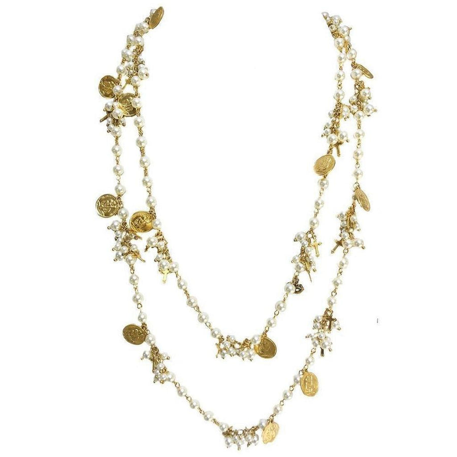 Empress Wrap: Double-strand pearl necklace with gold coin and cross accents.