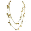Empress Wrap: Double-strand pearl necklace with gold coin and cross accents.