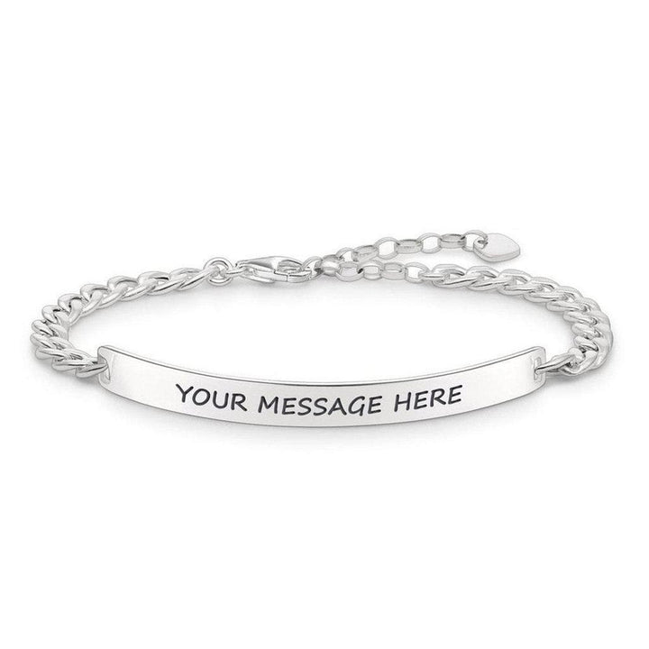 Silver curb chain bracelet with engravable bar; personalize with a message.