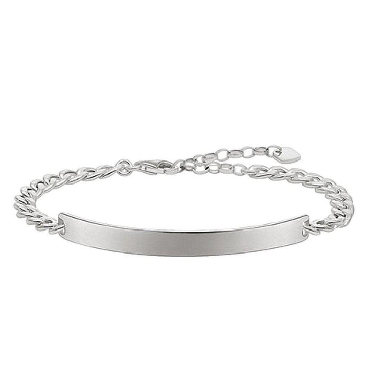 Silver engravable bracelet with curb chain and ID plate.