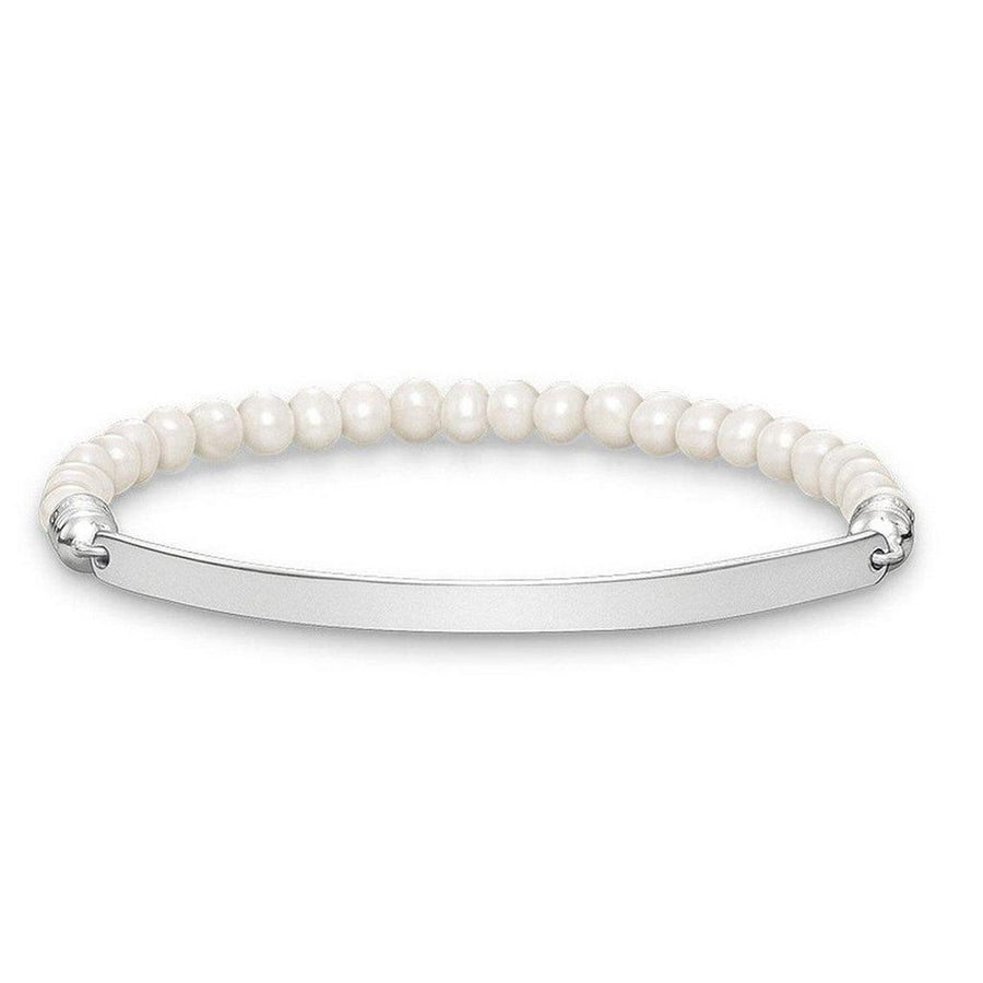 Engravable ID bracelet with white pearl beads and silver bar
